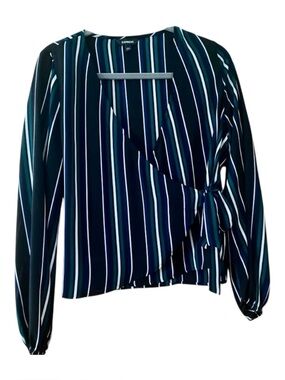 Express Striped Wrap Blouse Surplice Tie Waist Top Navy Green Size S